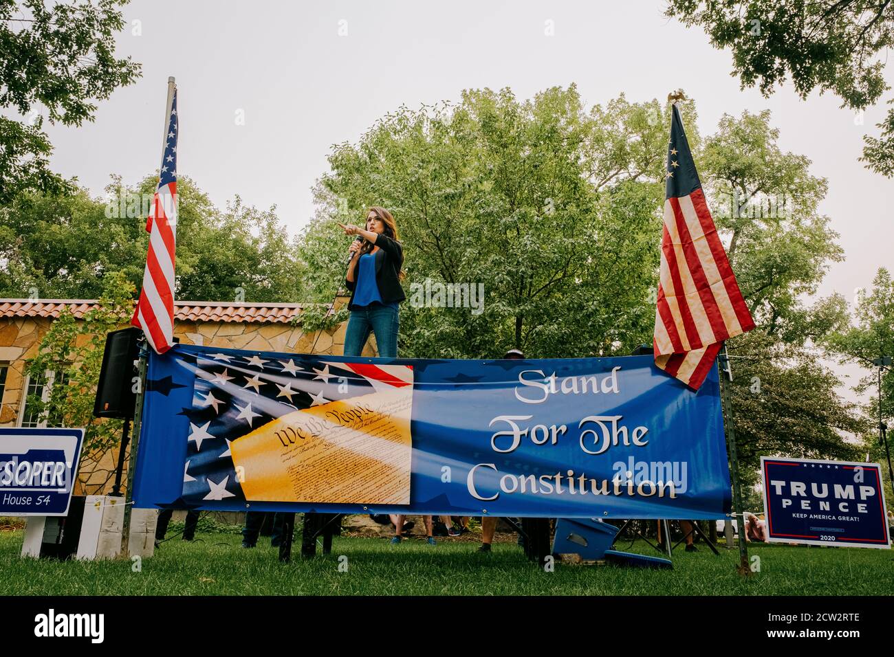 Lauren Boebert gives her stump speech at a political rally in Colorado for the 2020 election. Stock Photo