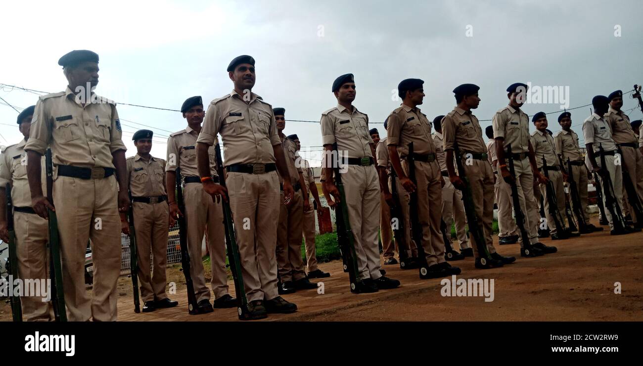 CITY KATNI, INDIA - AUGUST 15, 2019: Indian police men standing for rehearsal on forester city sport ground during independence day program. Stock Photo