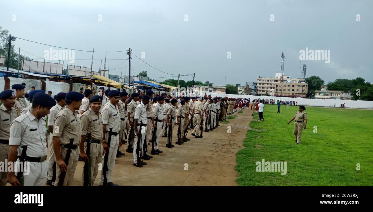 CITY KATNI, INDIA - AUGUST 15, 2019: Indian police force officers participating for rehearsal on forester city sport ground during independence day pr Stock Photo
