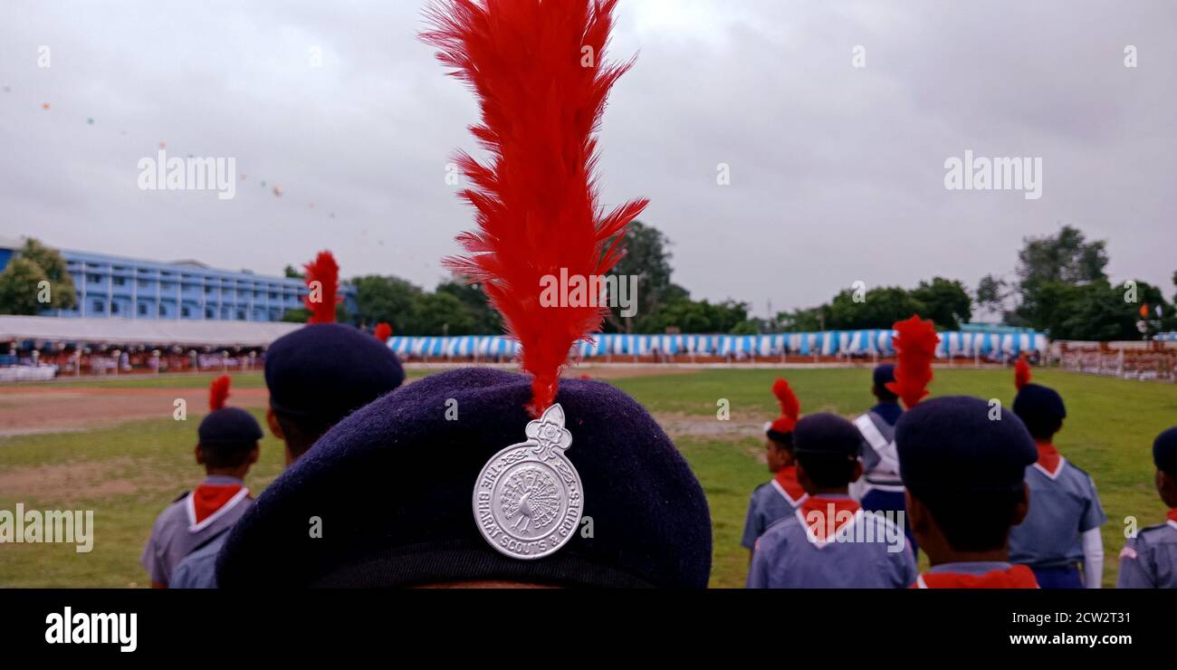 CITY KATNI, INDIA - AUGUST 15, 2019: Indian National cadet corps Logo cap closeup shot during independence day program. Stock Photo