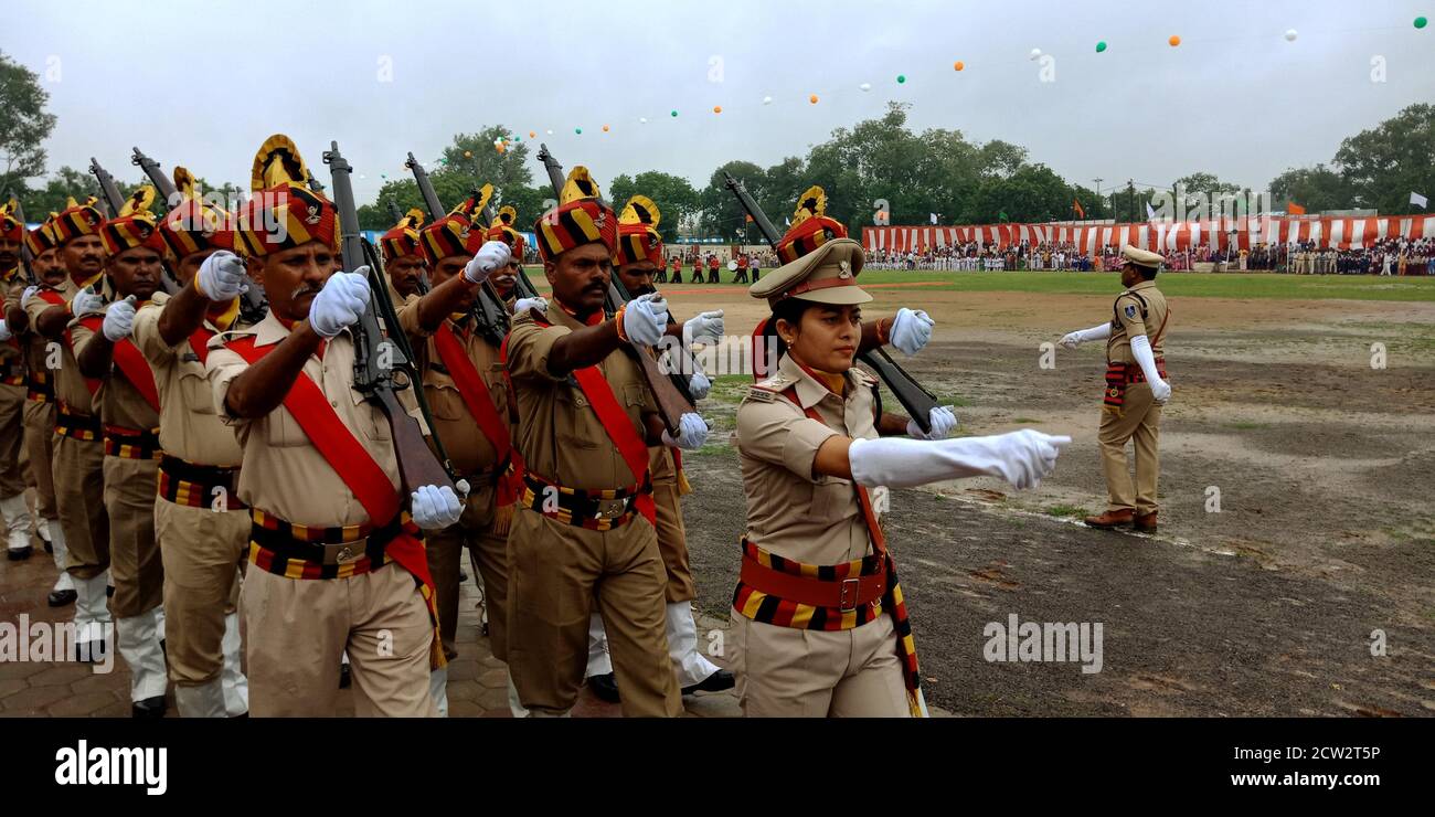 CITY KATNI, INDIA - AUGUST 15, 2019: Indian police force officers standing on forester city sport ground during independence day program. Stock Photo