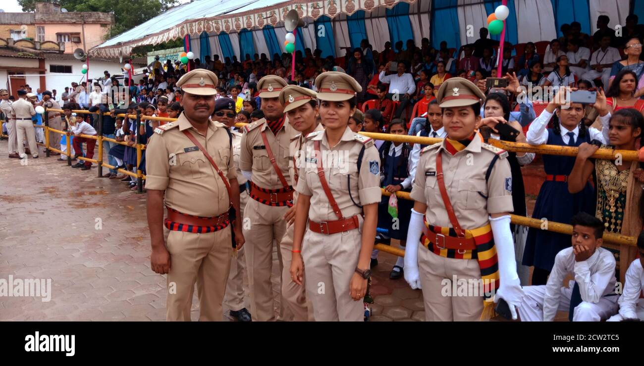 CITY KATNI, INDIA - AUGUST 15, 2019: Indian police force lady officers on duty for independence day program. Stock Photo