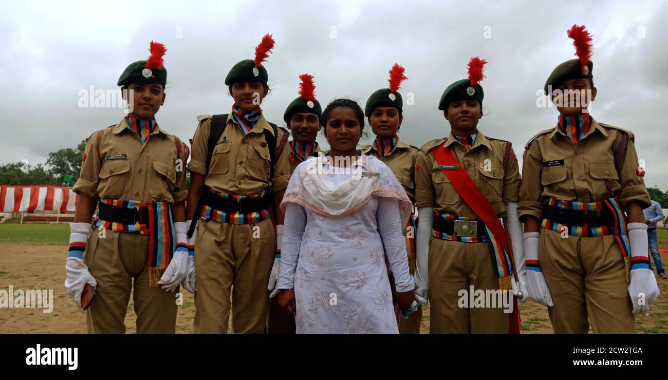 CITY KATNI, INDIA - AUGUST 15, 2019: Indian National cadet corps female students on parade on forester city sport ground during independence day progr Stock Photo