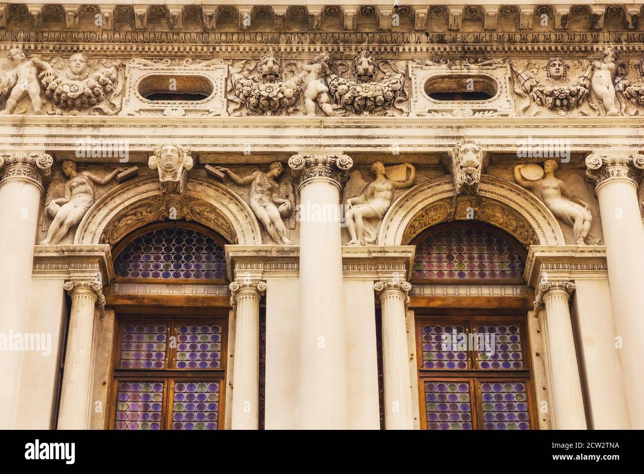 The detailed windows of National Library of St Mark's (Biblioteca Marciana), Venice, Italy Stock Photo