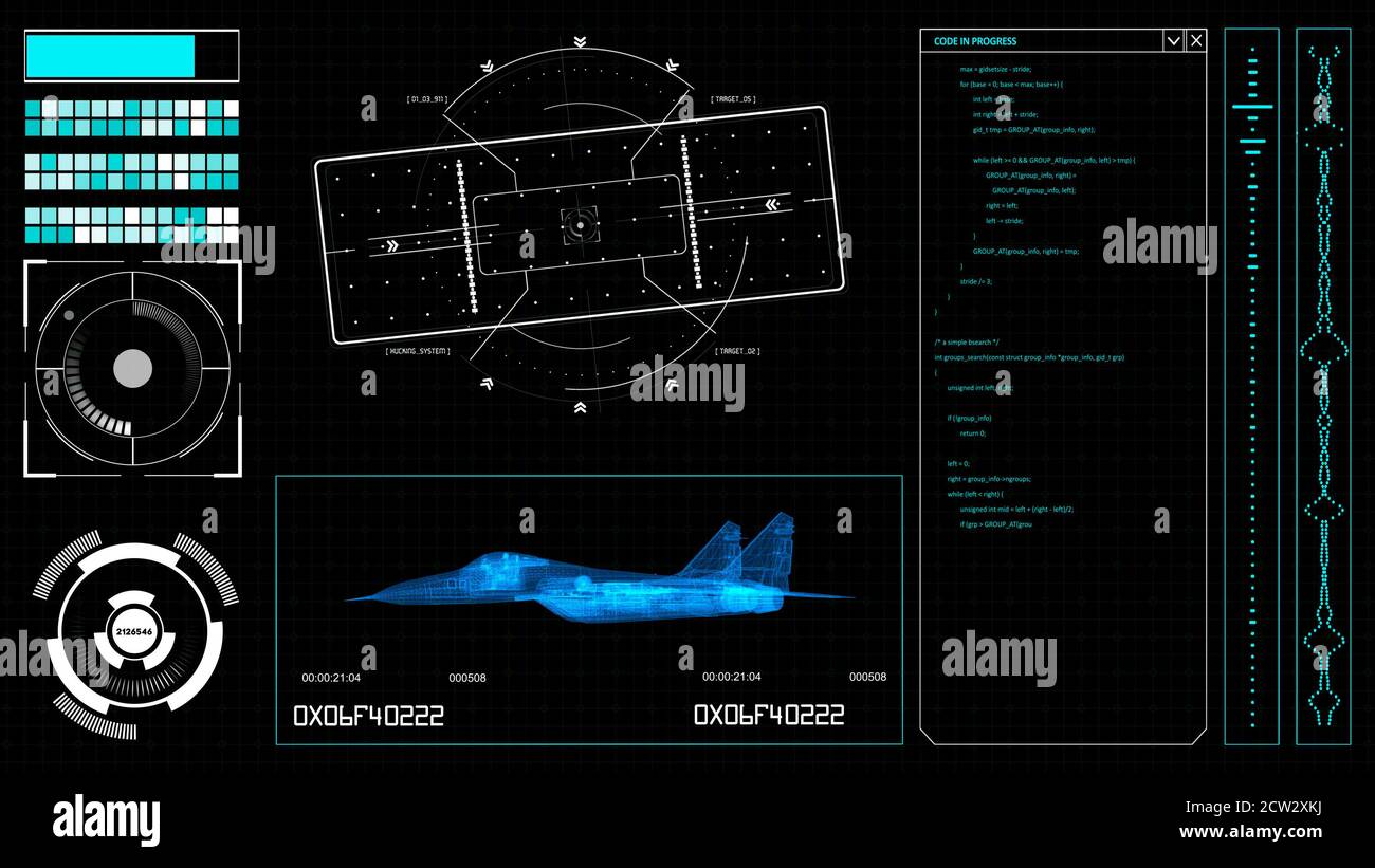 Futuristic HUD elements on a computer display with military plane