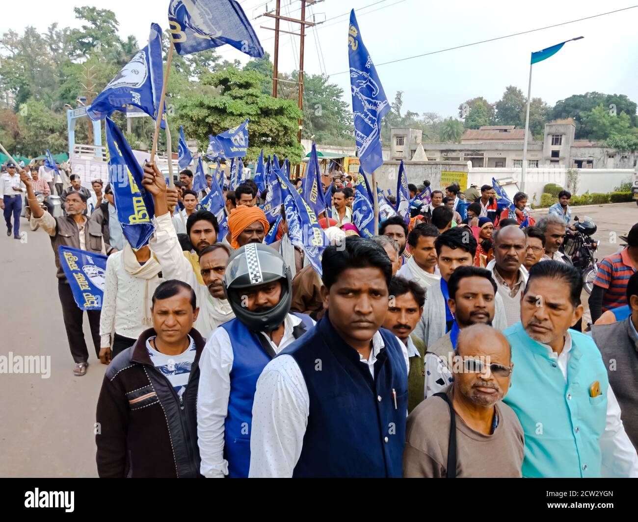 DISTRICT KATNI, INDIA - DECEMBER 24, 2019: indian village people gathering on political rally road show of Political group of India called Bahujan Sam Stock Photo