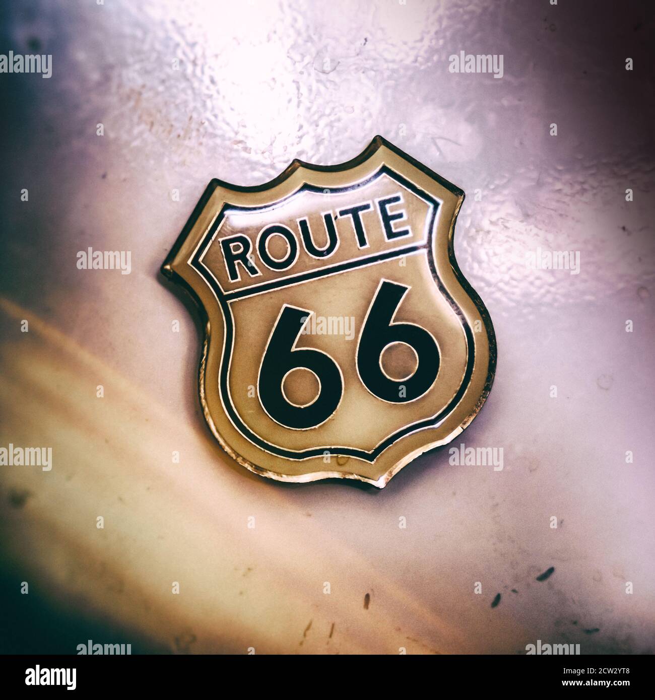 A Route 66 pin, the historic US Highway 66 is the most famous road of the United States Stock Photo
