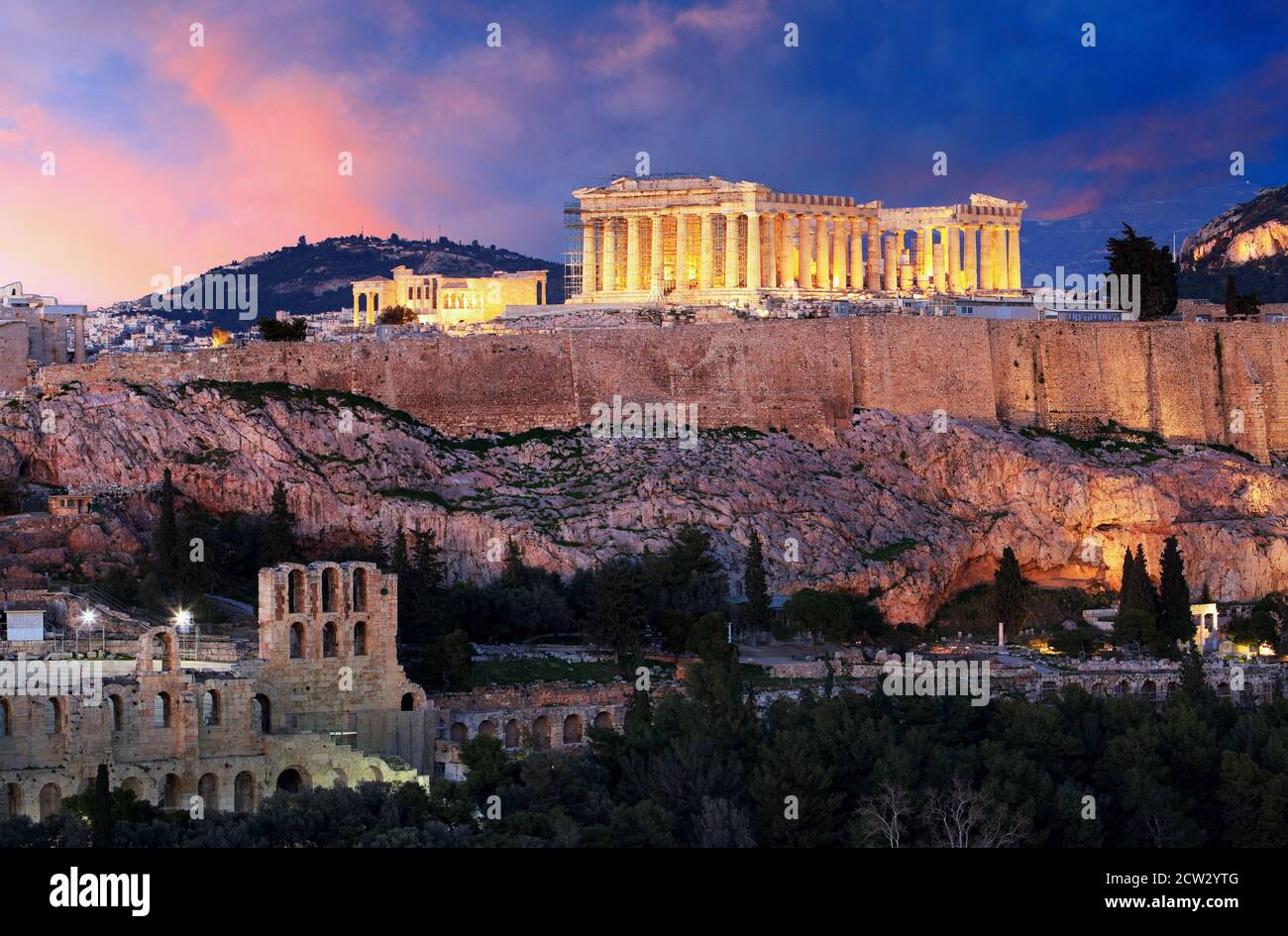 Acropolis of Athens, Greece, with the Parthenon Temple during sunset Stock Photo