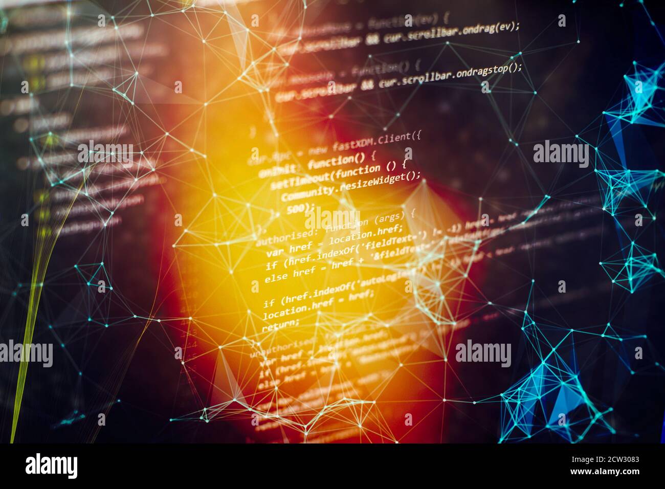 Monitor closeup of function source code.Writing programming functions on laptop. Big data and Internet of things trend. Stock Photo