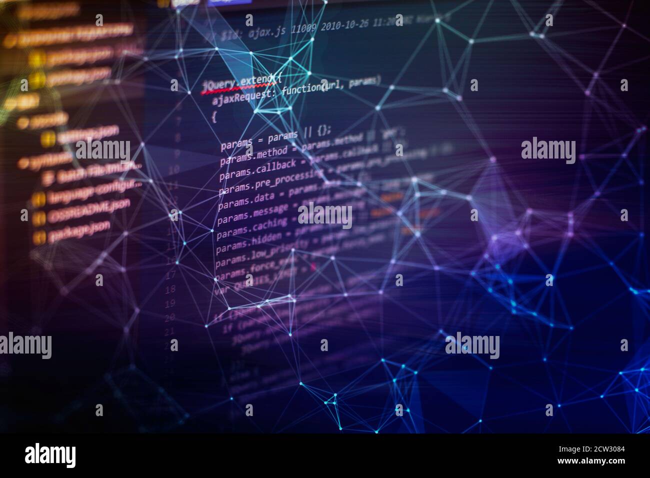 Desktop PC monitor photo. Javascript functions, variables, objects. Project managers work new idea. Future technology creation process. Stock Photo