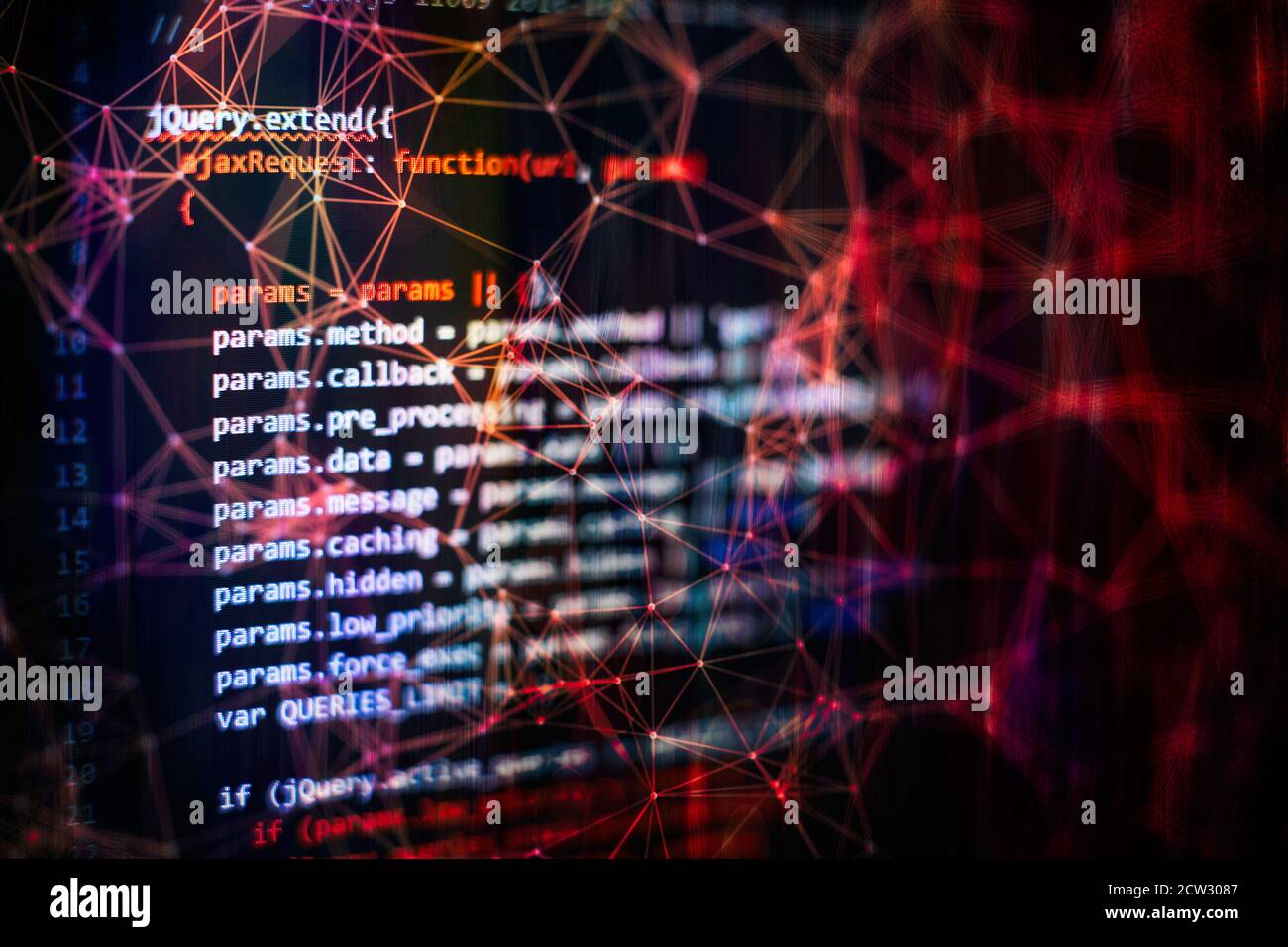 Running Computer data / WWW programming. Web programming functions on laptop on laptop. IT business. Python code computer screen. Mobile application d Stock Photo