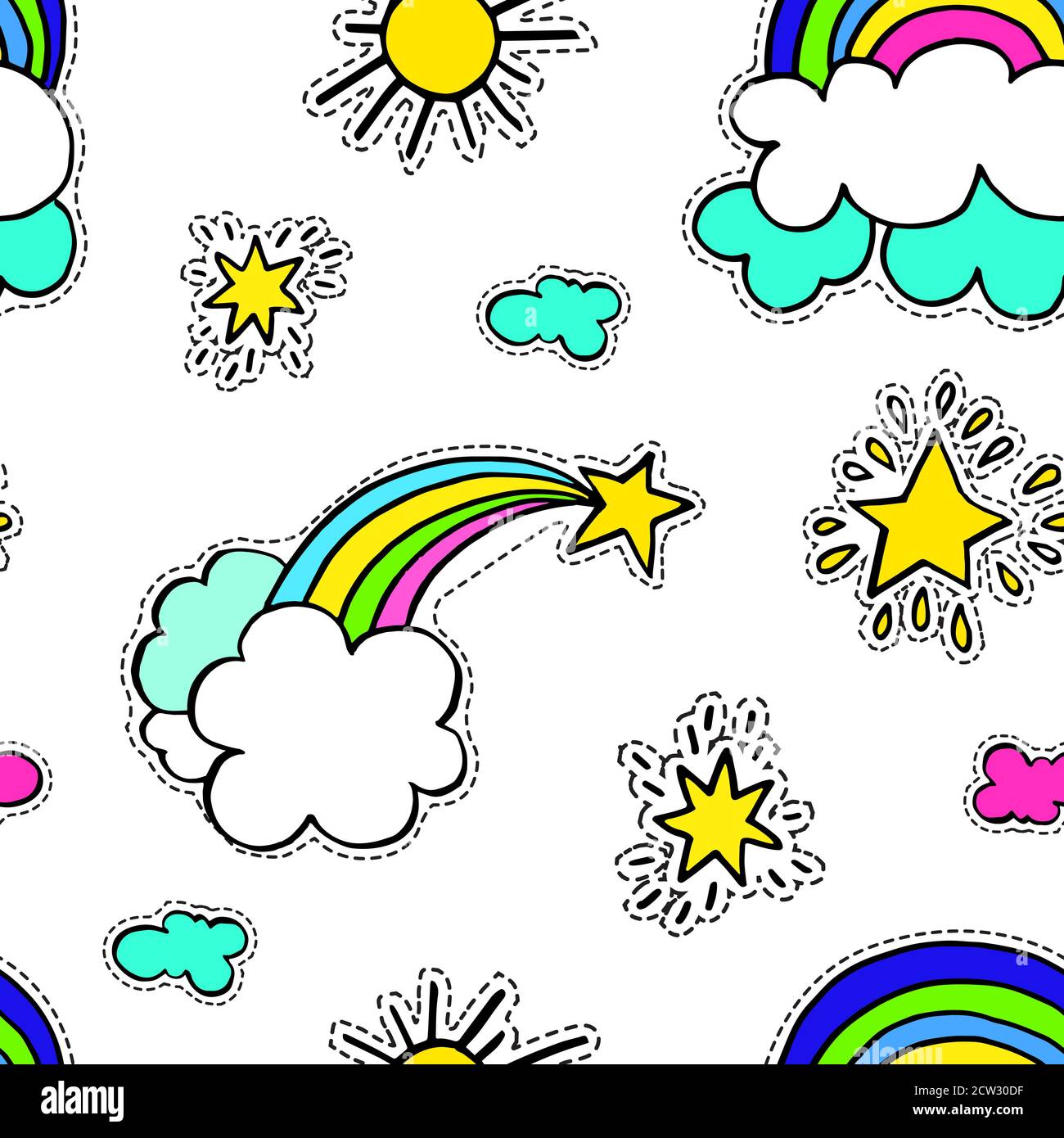 Rainbow with clouds and star, sunshine seamless pattern Stock Vector