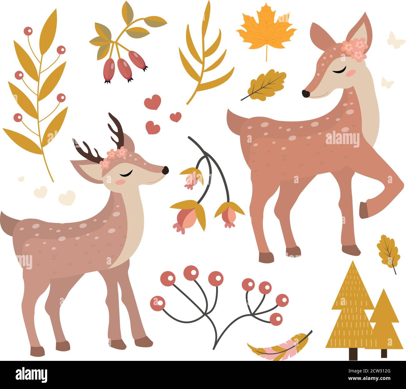 Cute fawn in the autumn forest set of objects. Collection of design elements with little deer, autumn plants, flowers. Kids baby clip art funny Stock Vector