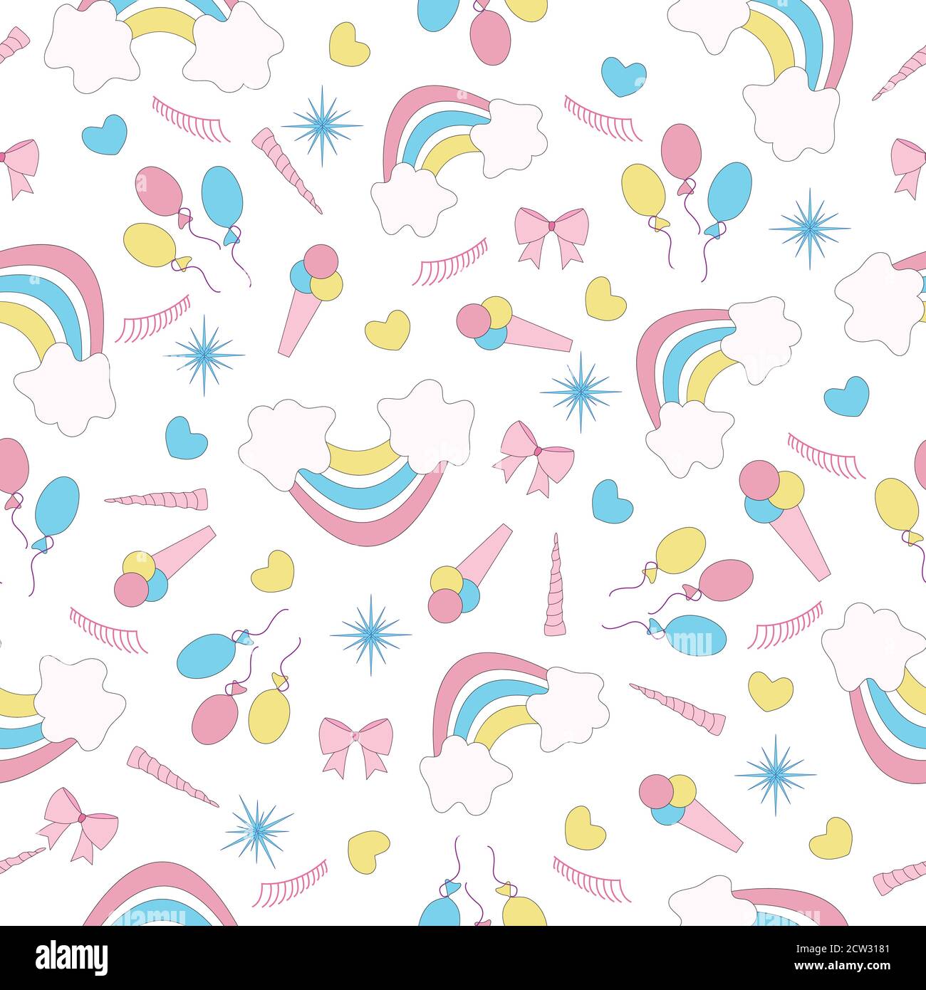 Magic hand-drawn pattern of pink unicorn fairy tale, rainbow and different holiday elements. Pattern Stock Vector