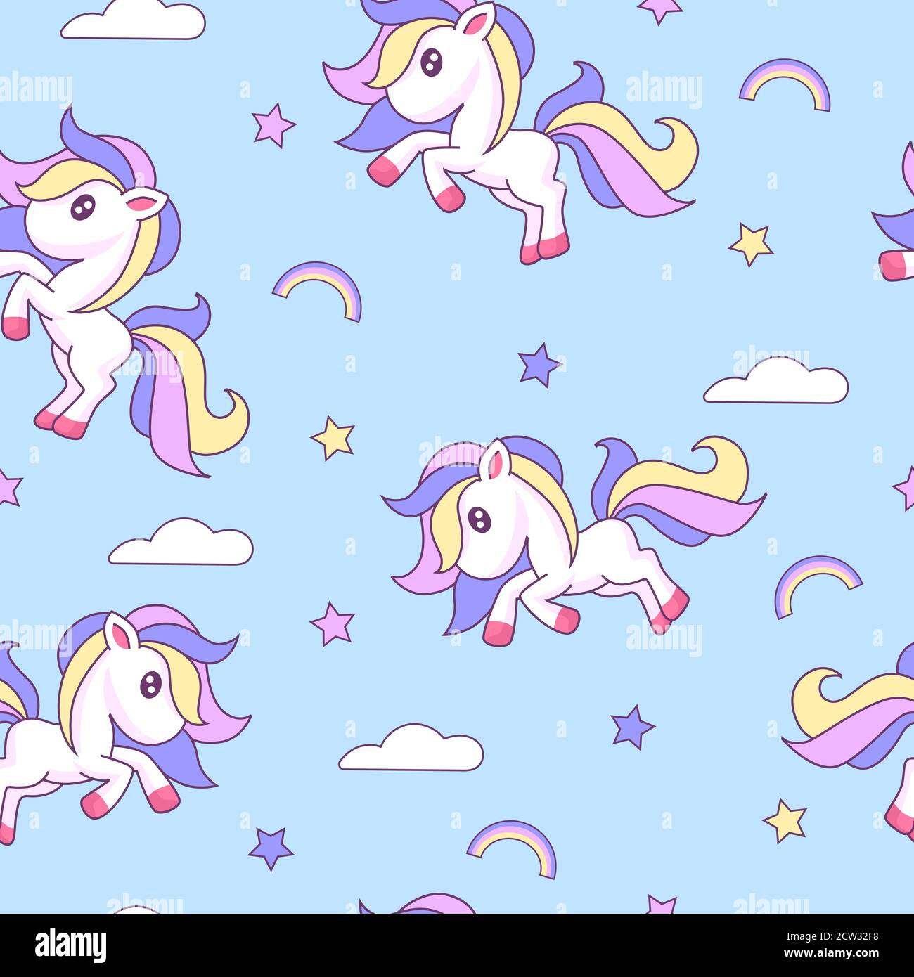 Cute unicorn seamless pattern. Magic cartoon animal with purple pink ...