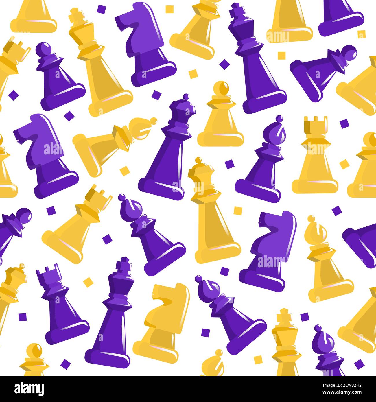 Chess seamless pattern. Purple and yellow figures on cage field ancient strategy game developing logic. Stock Vector