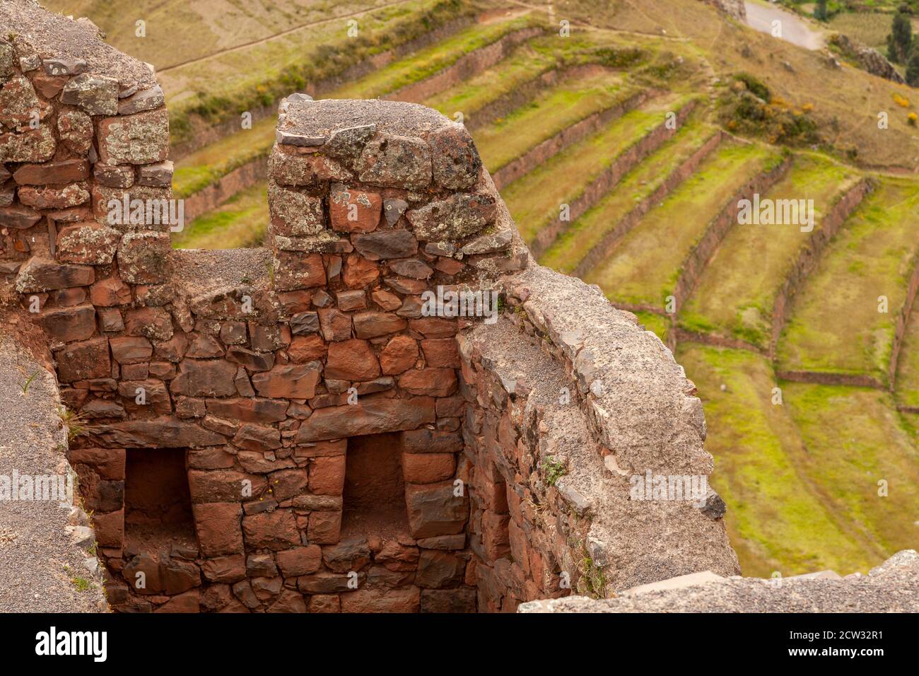 Pisac, Peru - April 4, 2014: Archaeological Park of Pisac, ruins and constructions of the ancient Inca city, near the Vilcanota river valley, Peru. Stock Photo