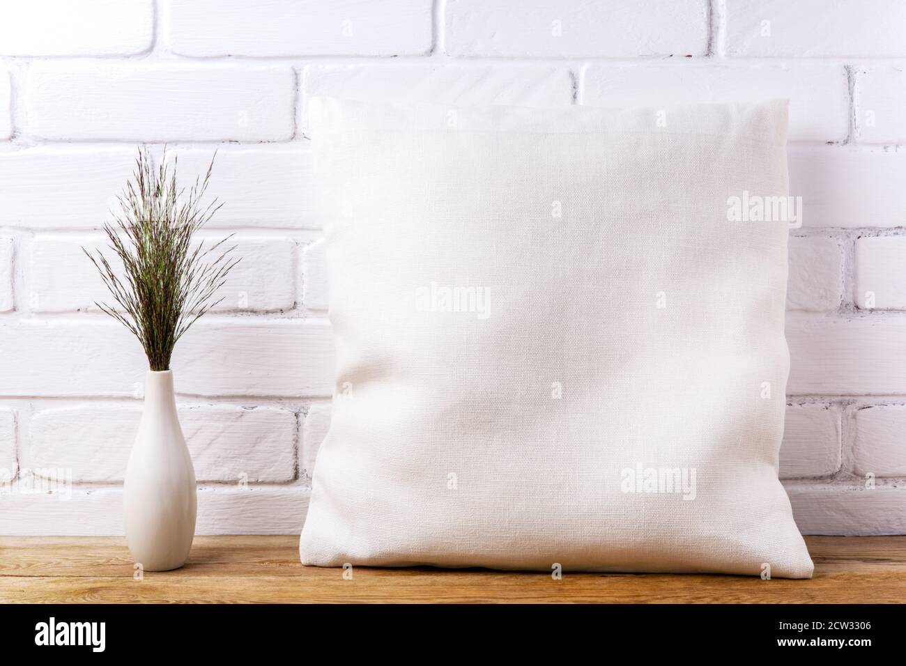Square cotton pillow mockup with big bluestem wild grass. Rustic linen
