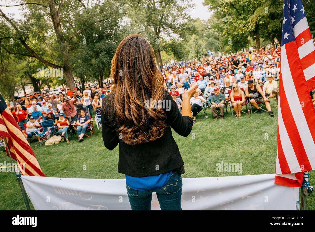 Lauren Boebert gives her stump speech at a political rally in Colorado for the 2020 election. Stock Photo
