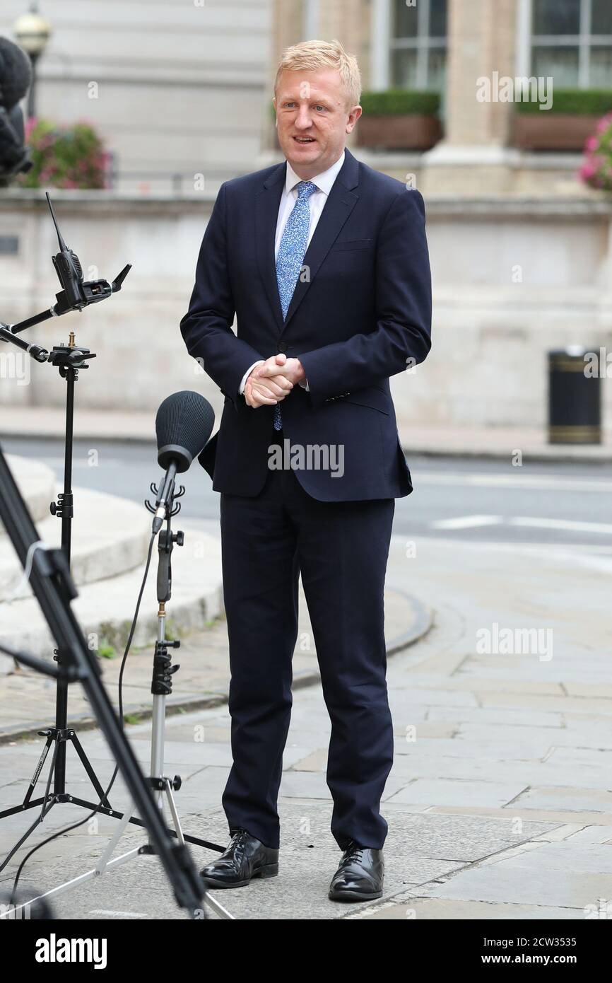 Digital, Culture, Media and sport Secretary Oliver Dowden speaks to the media outside BBC Broadcasting House in London. Stock Photo