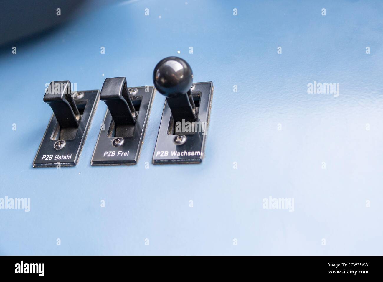 PZB train control buttons , from left to right the buttons command ,  free ,  watchful Stock Photo