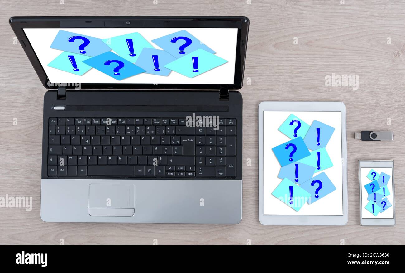 Q&a concept shown on different information technology devices Stock