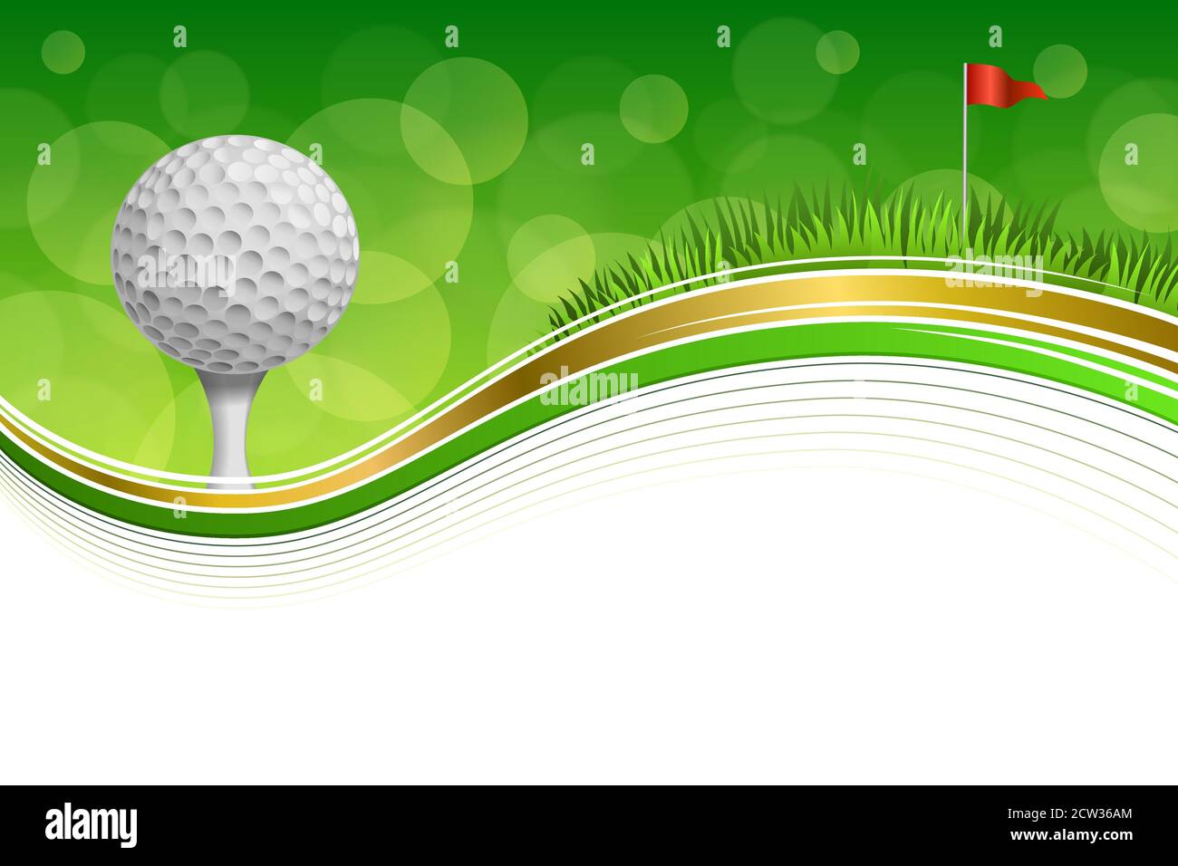 Background abstract golf sport green grass red flag white ball frame gold illustration vector Stock Vector
