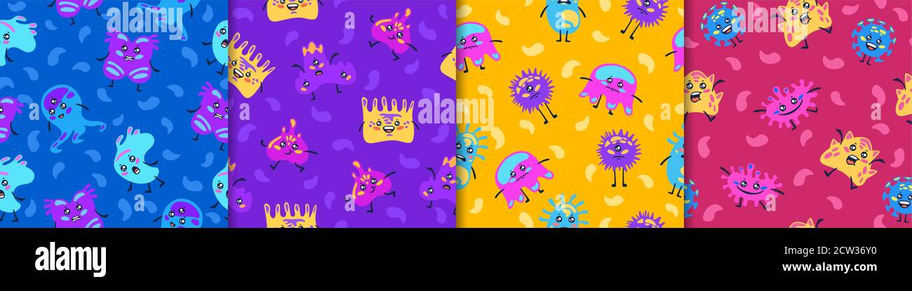 Bacteria and viruses seamless pattern. Cartoon pathogens in blue and red microorganisms causing epidemics. Stock Vector