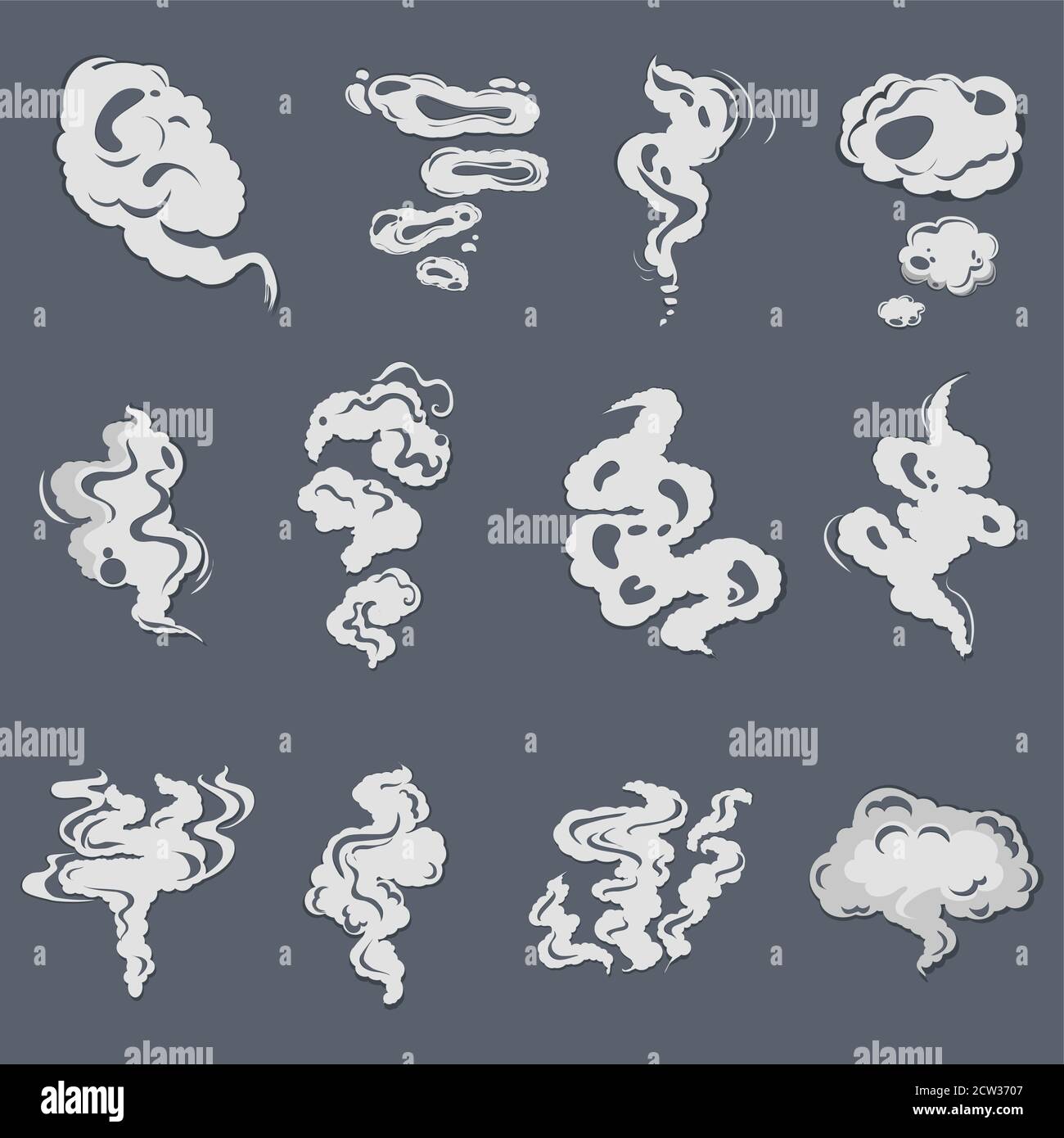 Smoke set effects, cartoon steam clouds, puff and mist, fog watery vapour and dust explosion. Vector smoky design icon, stink effect white, trail illu Stock Vector