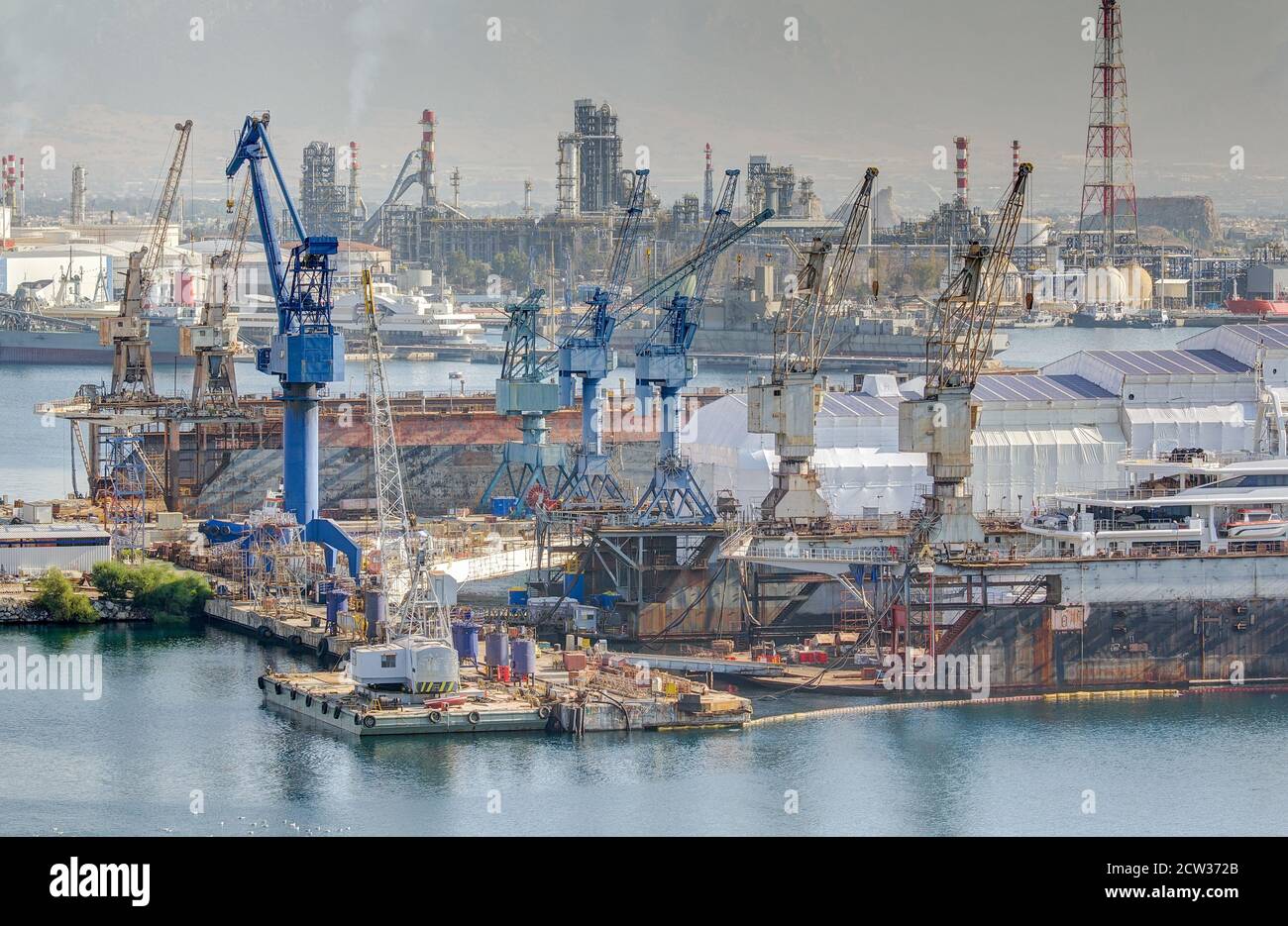 Heavy industrial zone with shipyard and refinery Stock Photo Alamy