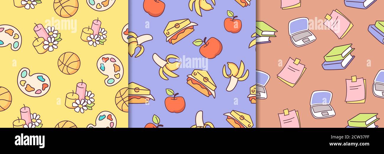 School study and holidays seamless pattern. Festive yellow pink candles with balls sandwiches with red apples and bananas. Stock Vector