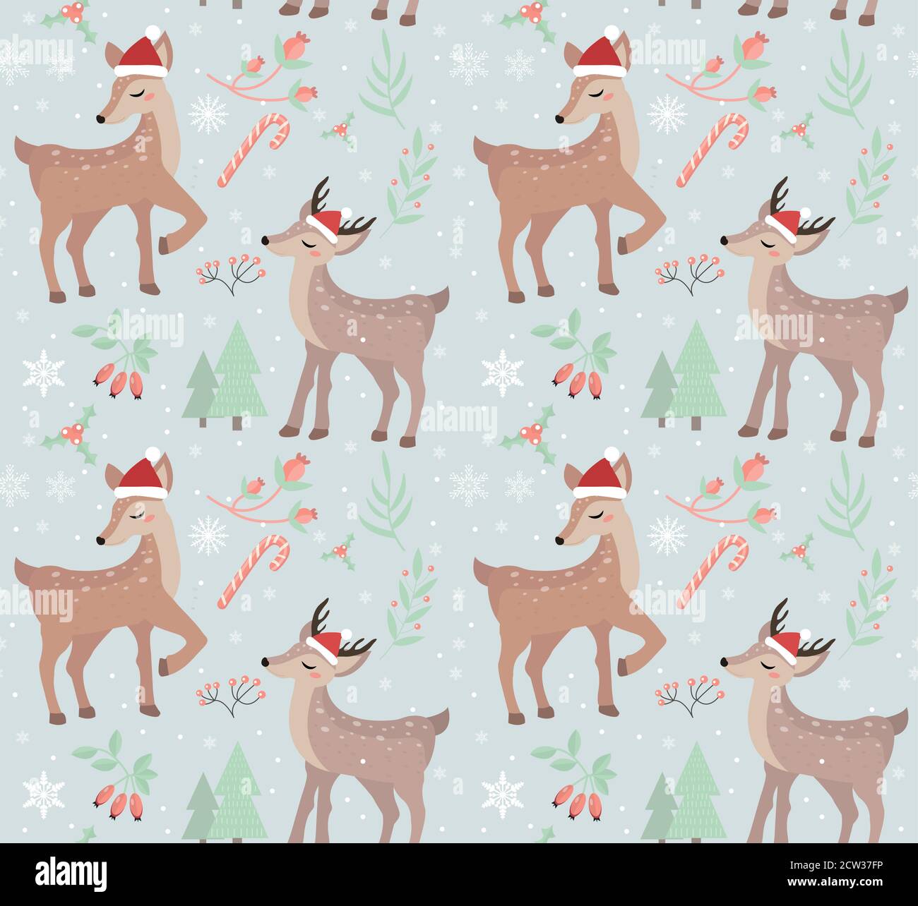 Merry christmas seamless pattern. Cute fawn in winter forest repeating texture.Little deer wearing santa claus hat, snowflakes endless background Stock Vector