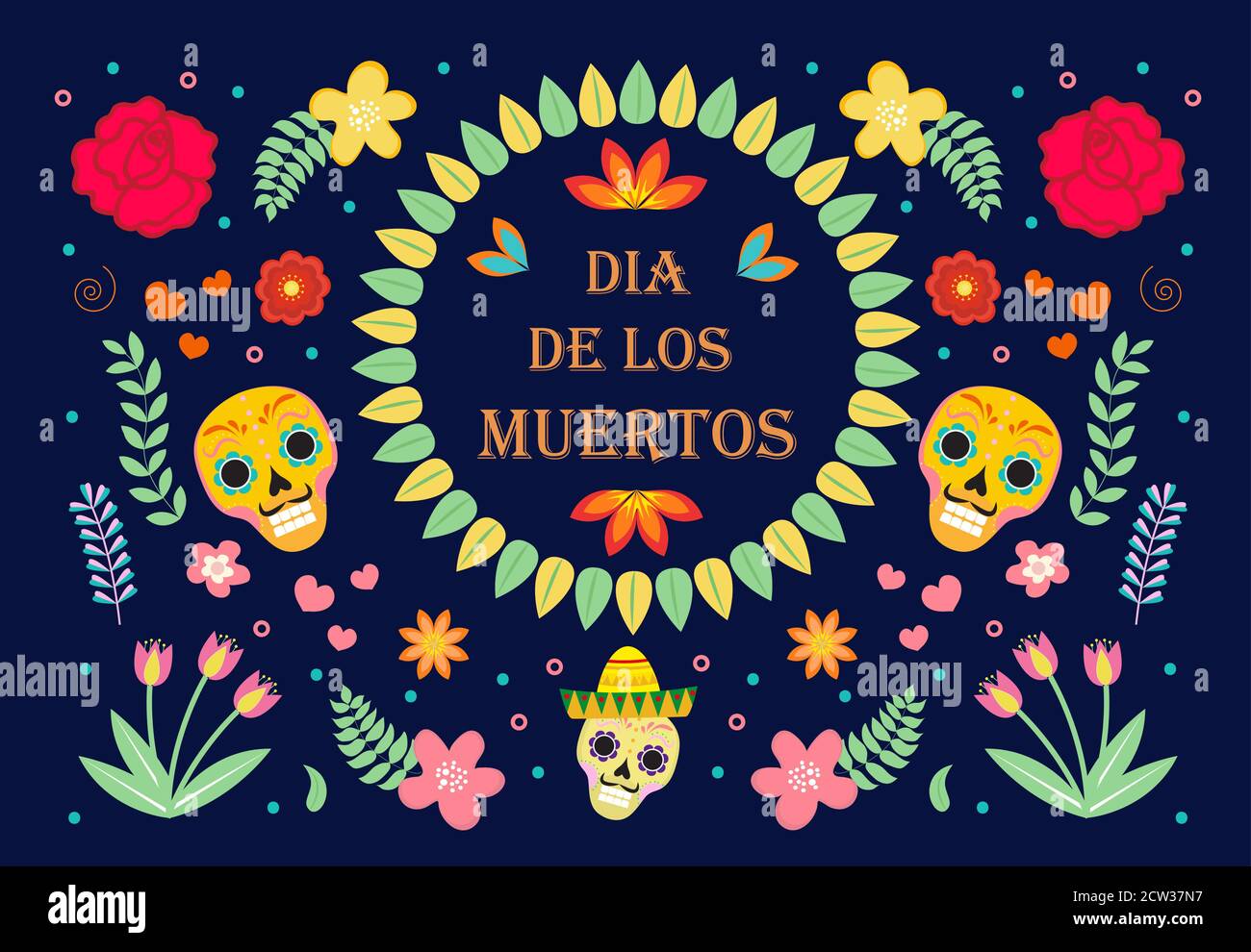 Day of the Dead Mexican holiday icons flat style. Dia de los muertos collection of objects, design elements with sugar skull, skeleton, flowers Stock Vector