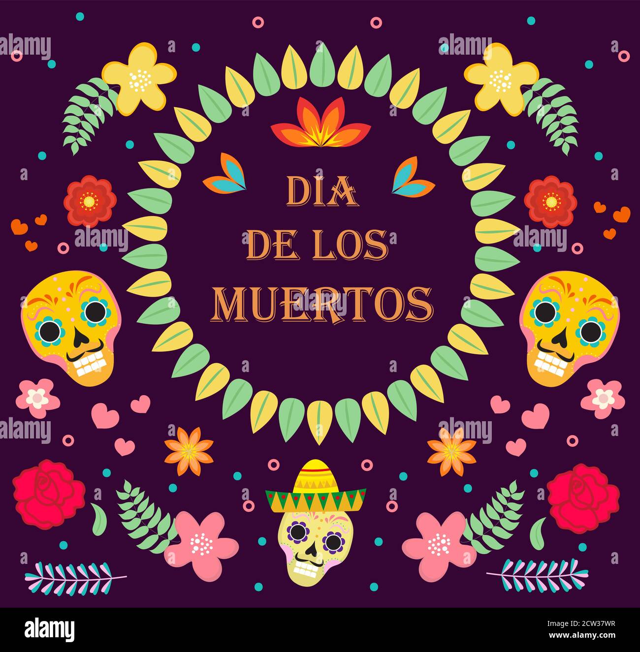 Day of the Dead Mexican holiday icons flat style. Dia de los muertos collection of objects, design elements with sugar skull, skeleton, flowers Stock Vector
