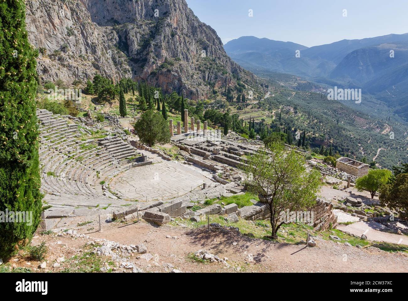 Ancient Delphi Theater And Apollo Temple, Greece Stock Photo - Alamy