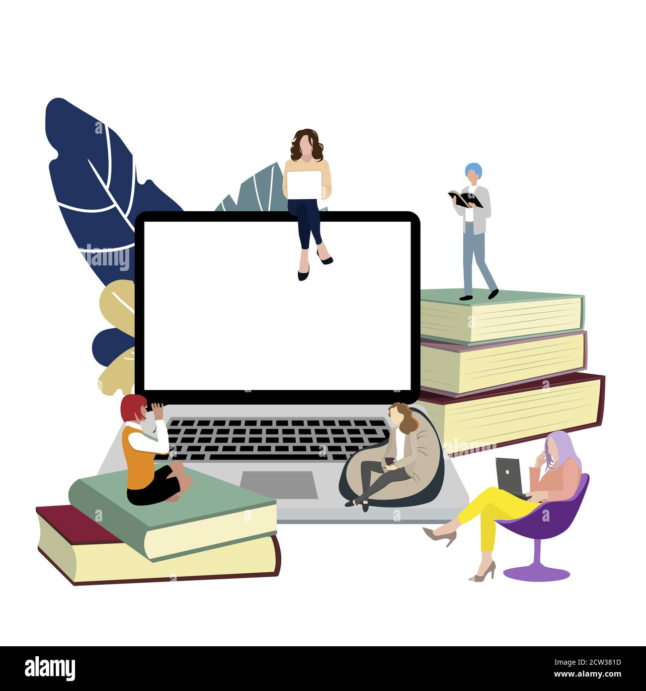 Study online concept. Vector remote education, distance training school, students studying sit on stack books and laptop, university learning illustra Stock Vector