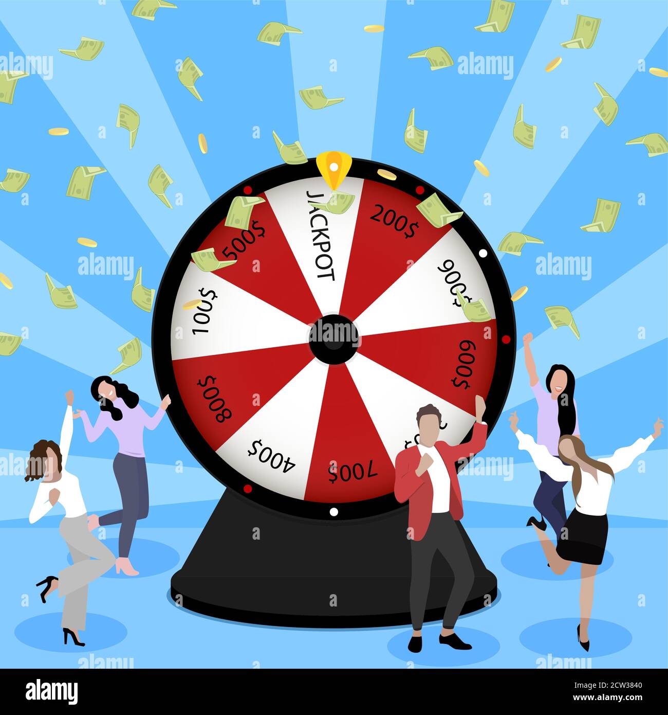 Wheel of fortune. People enjoying celebrating of win in lottery. Vector luck winners win in gambling game in casino, success play roulette and money c Stock Vector