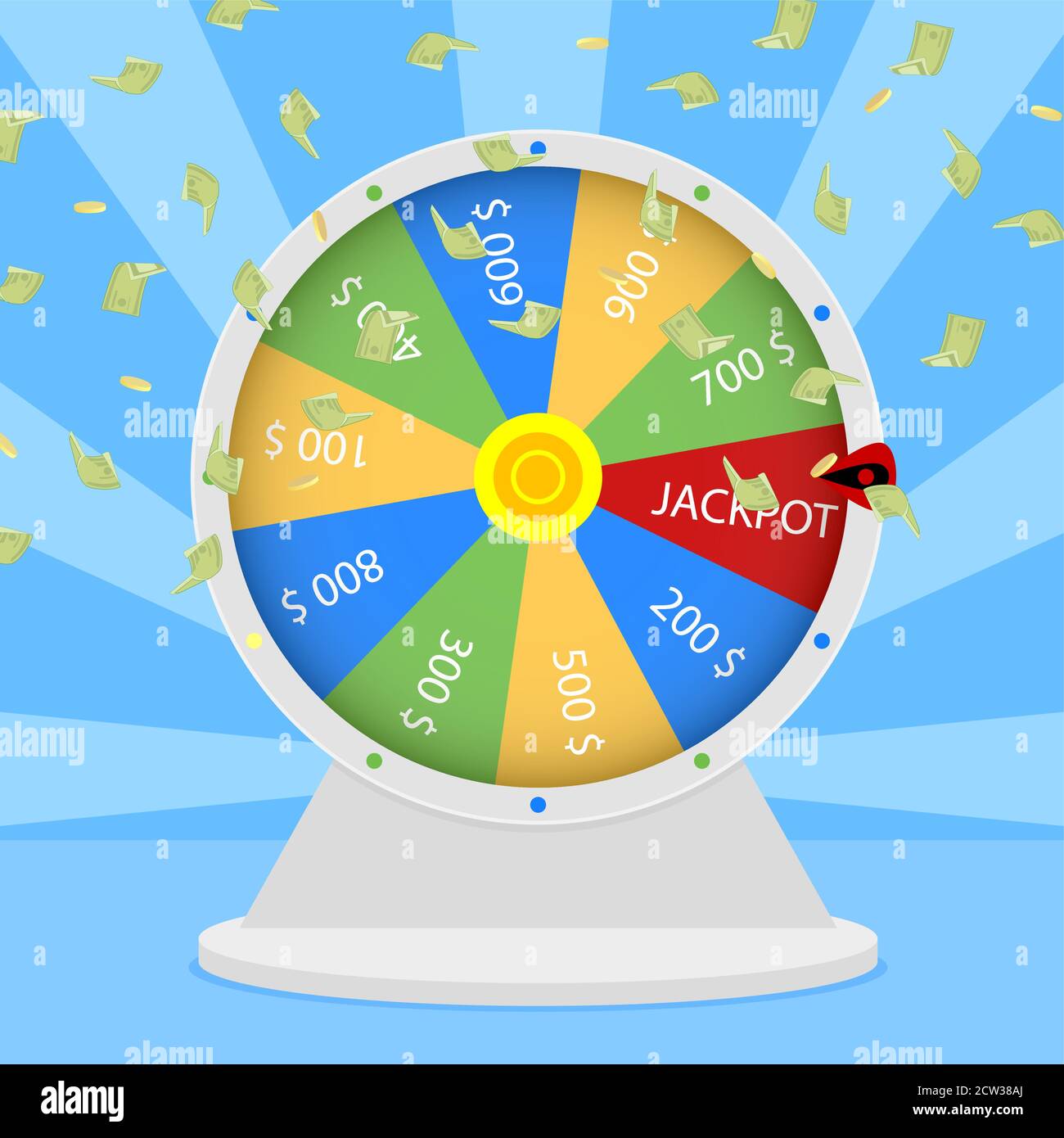 Win jackpot in wheel. Lucky game gambling, prize win in roulette, casino jackpot entertainment, vector lucky spin and illustration jackpot prize Stock Vector
