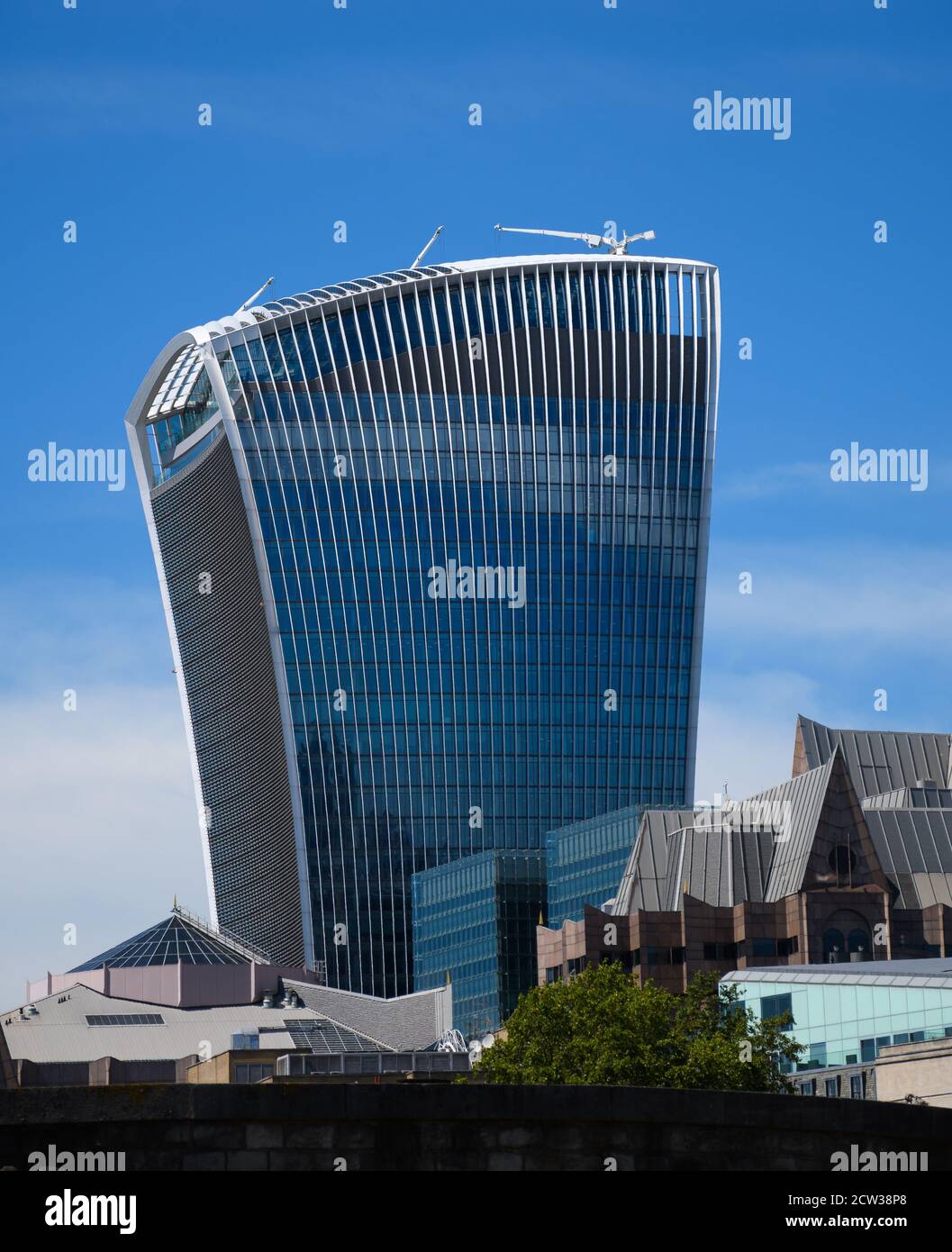 London, United Kingdom - July 30 2020: Modern Skyscraper at 20 Fenchurch street, known as the Walkie Talkie building taken from Waterloo Bridge Stock Photo