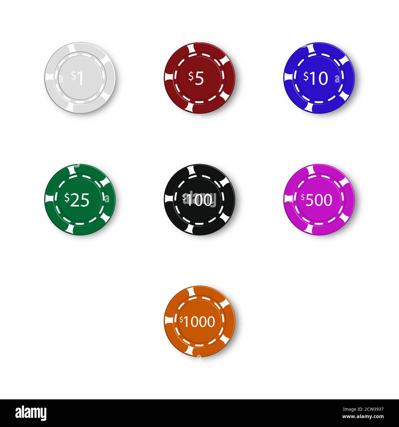 Various casino chips, isolated on white background. The color indicates