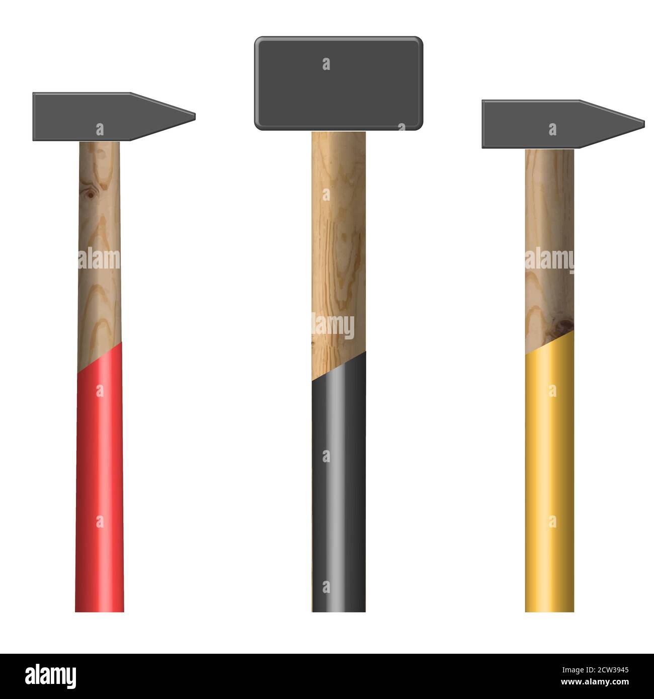 Set of different hammers isolated on white background. Elements design of the working tool. Top
