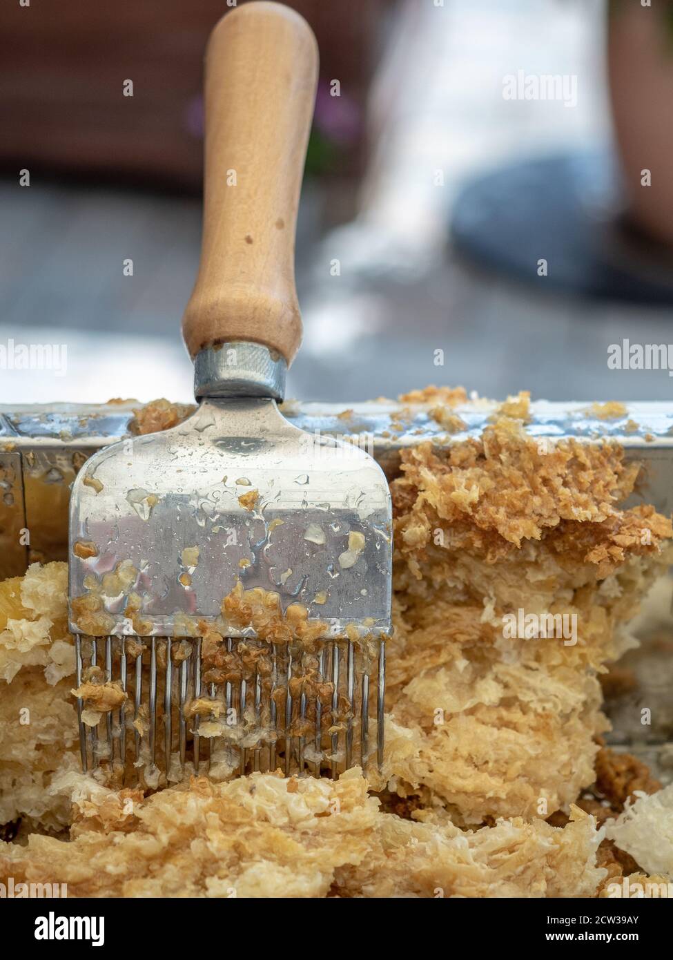 Special beekeeping tool - fork for uncapping honeycomb. Close up. Beekeeping concept. Stock Photo