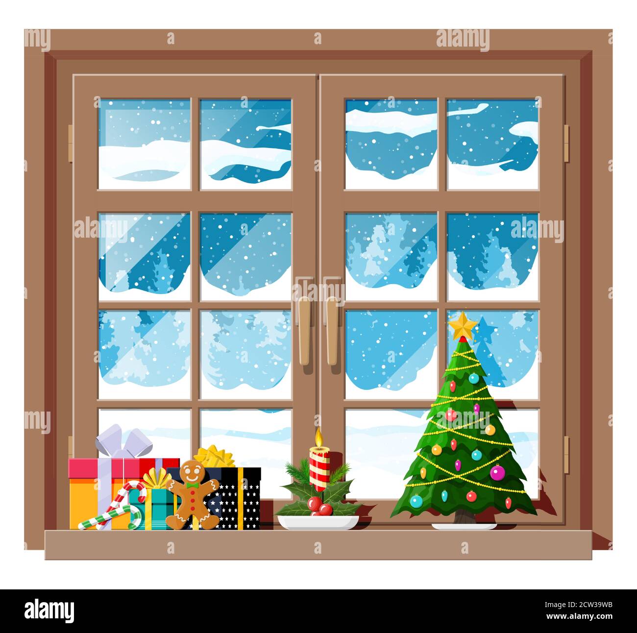 Cozy interior of room with window. Happy new year decoration. Merry  christmas holiday. New year and xmas celebration. Winter landscape, tree,  snow, village. Cartoon flat vector illustration Stock Vector Image & Art -