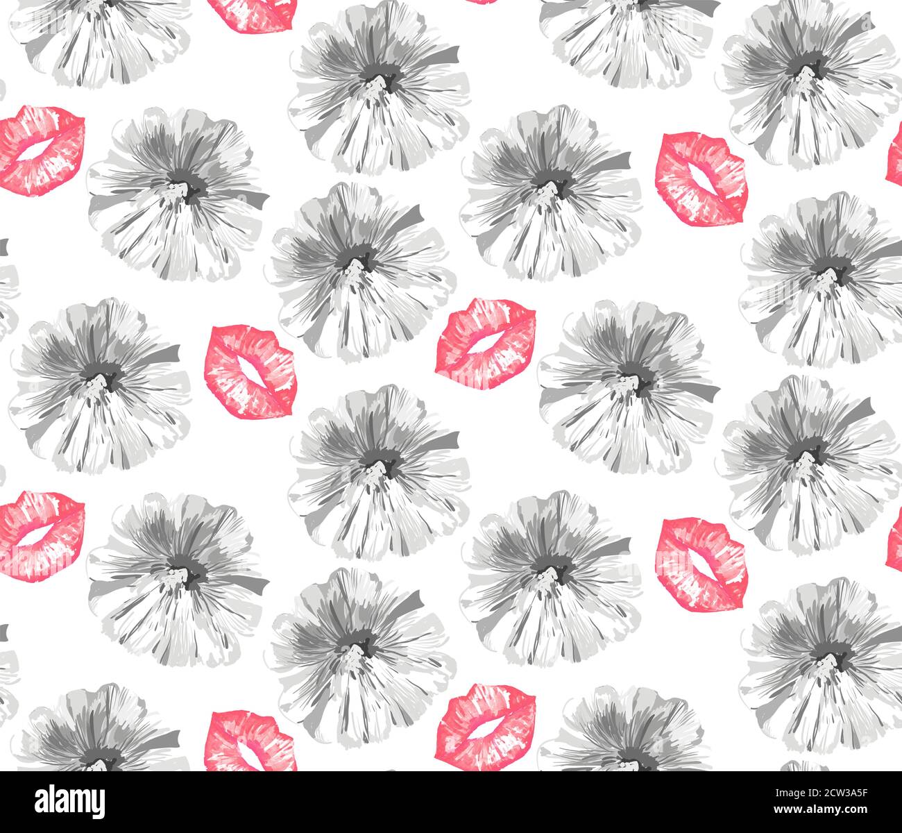 Lips and Mallow flowers seamless pattern on white background. Vector illustration Stock Vector