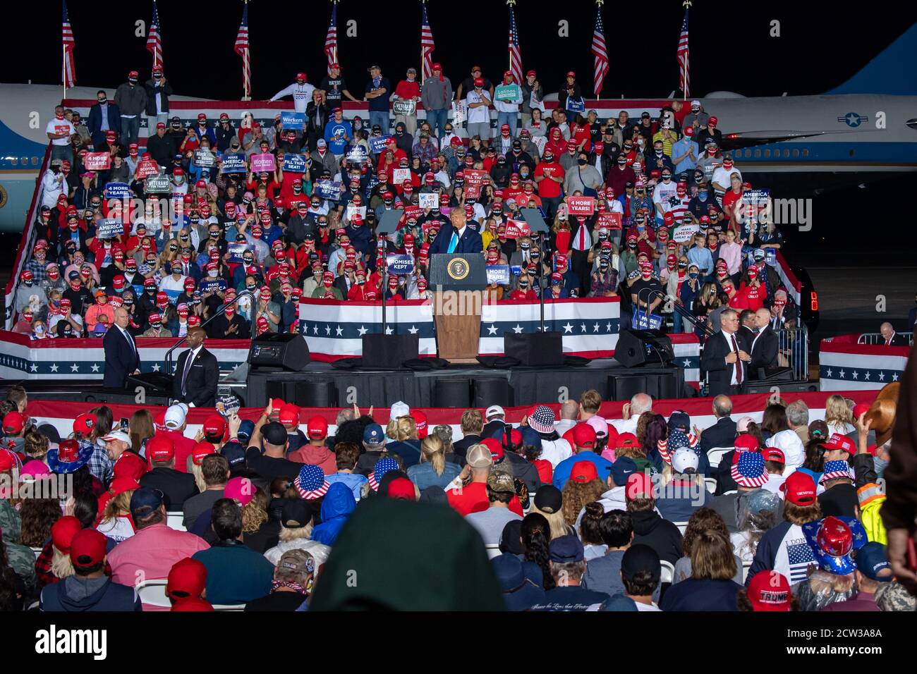 U.S. President Donald J. Trump Speaks during the Great American Comeback campaign rally event at Harrisburg International Airport on September 23, 2020 in Middletown PA.   President Donald Trump Arrived on Air Force One after nominating Judge Amy Coney Barrett to replace the late Justice Ruth Bader Ginsburg on the U.S. Supreme Court in the Rose Garden.   President Trump vows to his supporters to win Pennsylvania again and renews warning about ballot cheating. Stock Photo