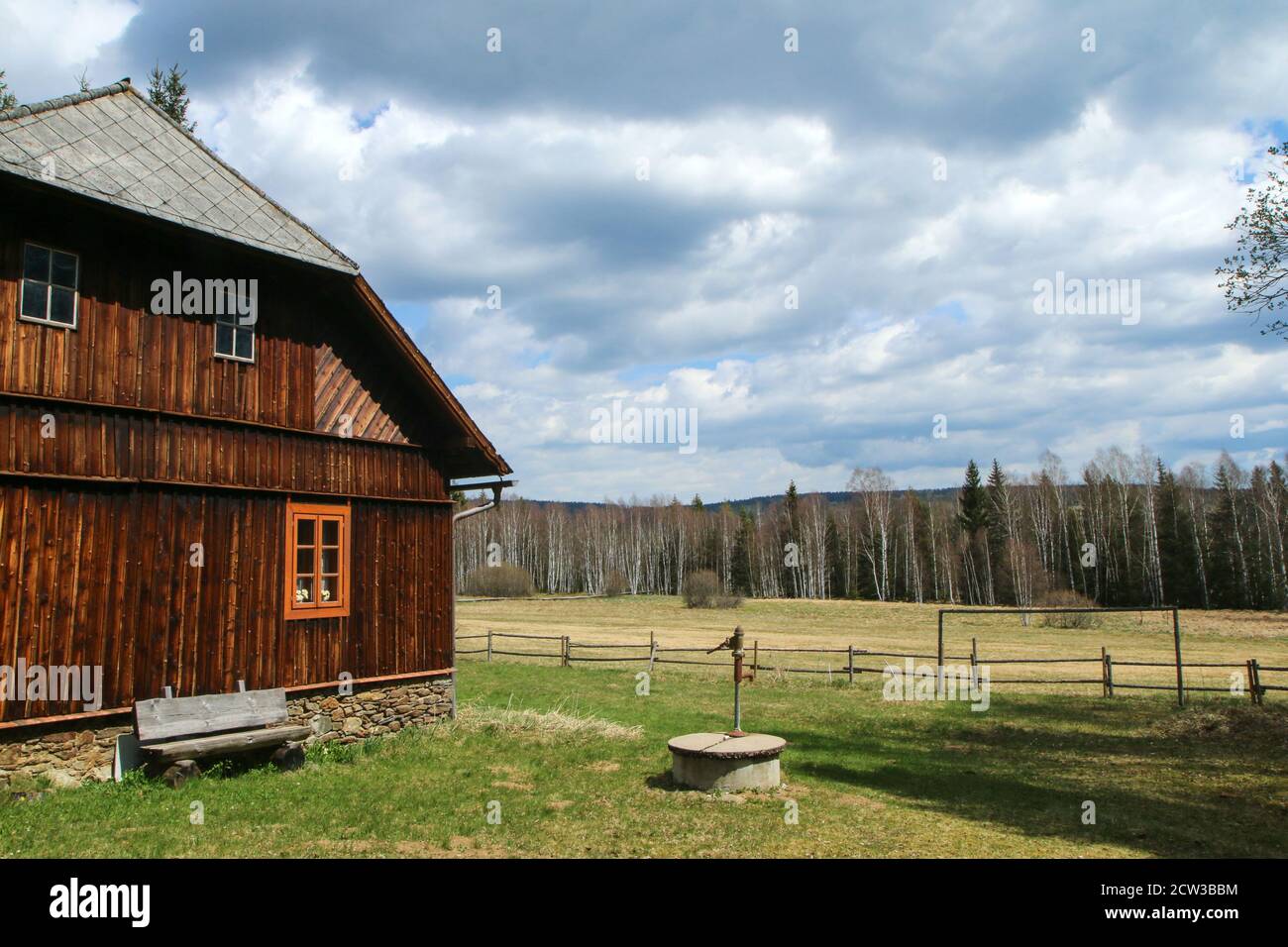 The old traditional wooden house in the protected natural area in Czech Republic. Stock Photo