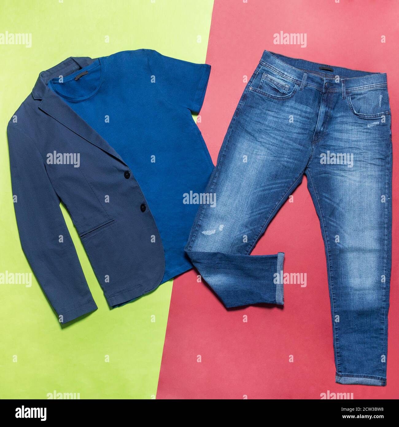 Man jacket t-shirt jeans pants top view Stock Photo