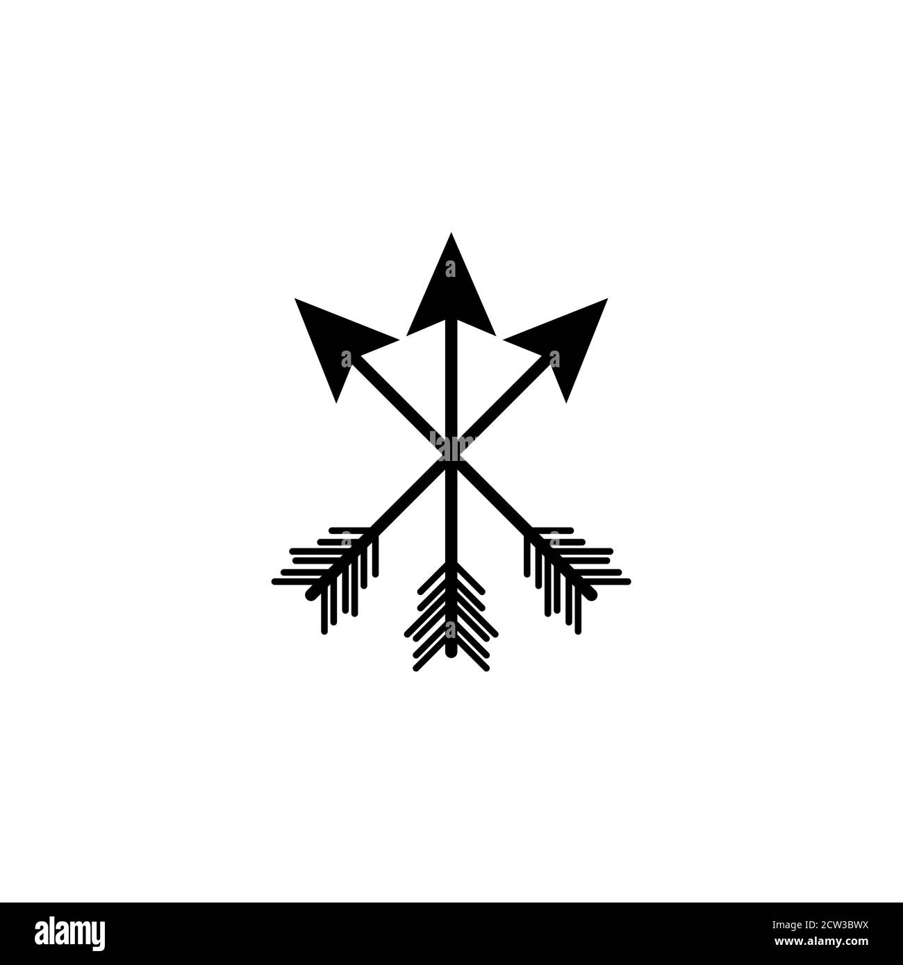 Three crossed black arrows isolated on white. Flat adventure icon. Good