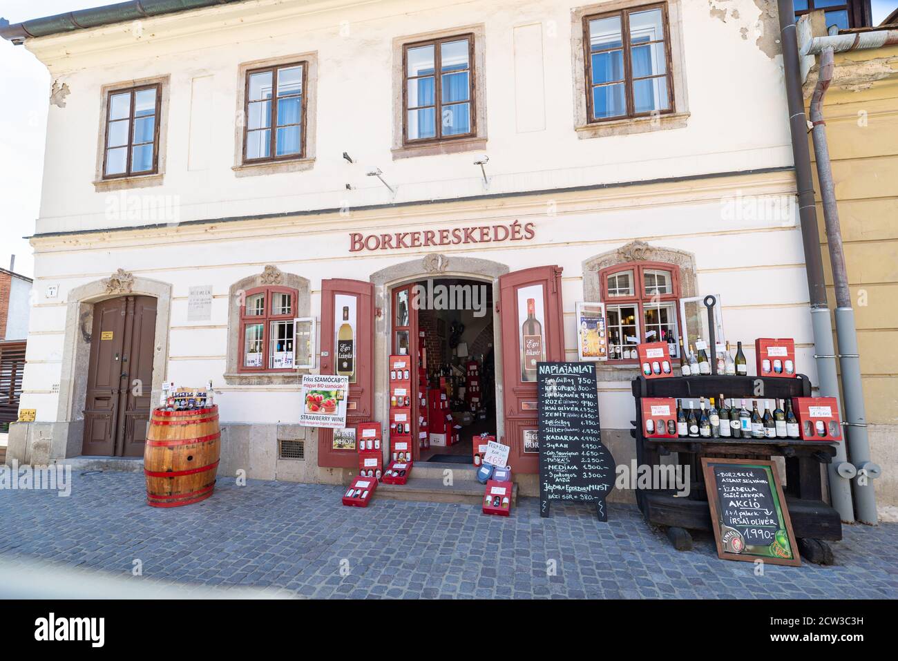 Wine trading house in the old center of Eger in Hungary. The city and surroundings are famous for its wine. Stock Photo