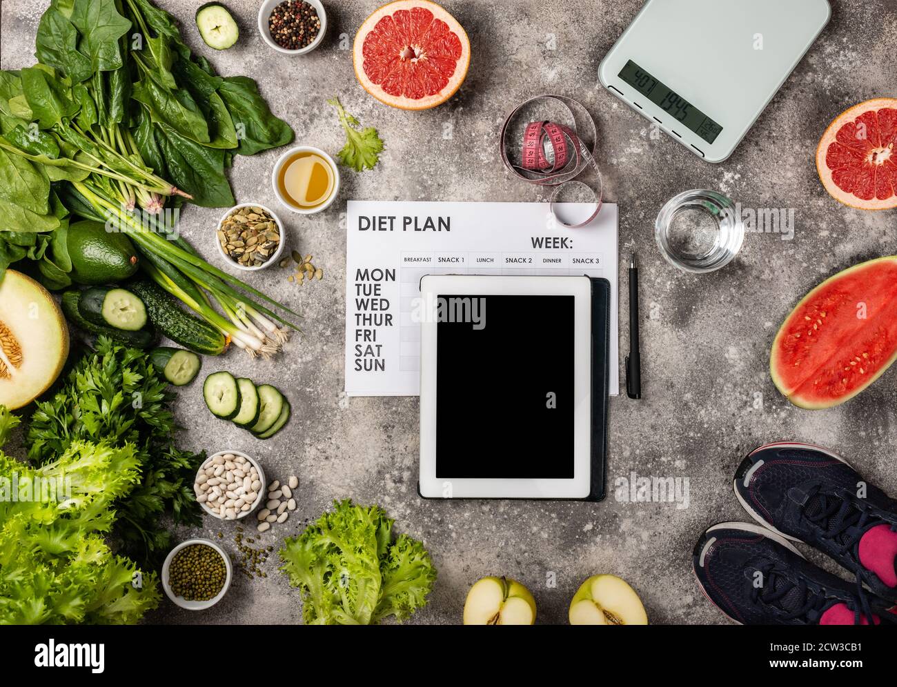 Healthy food Tablet computer Diet plan and sneakers. Weight loss